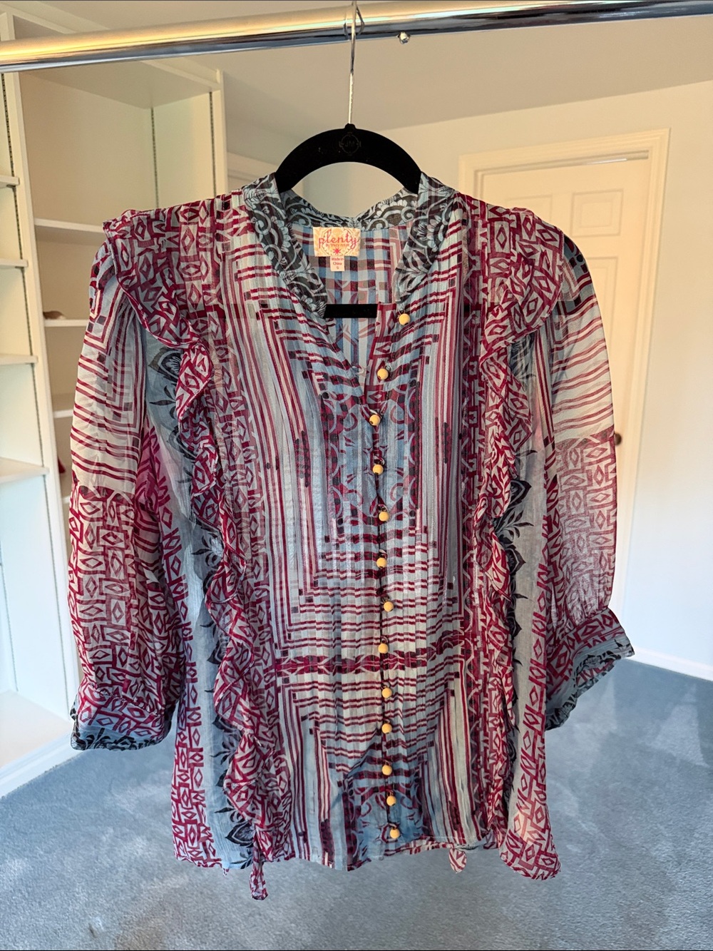 Plenty by Tracy Reese Sheer Purple and Blue Button down 100% Soie Silk